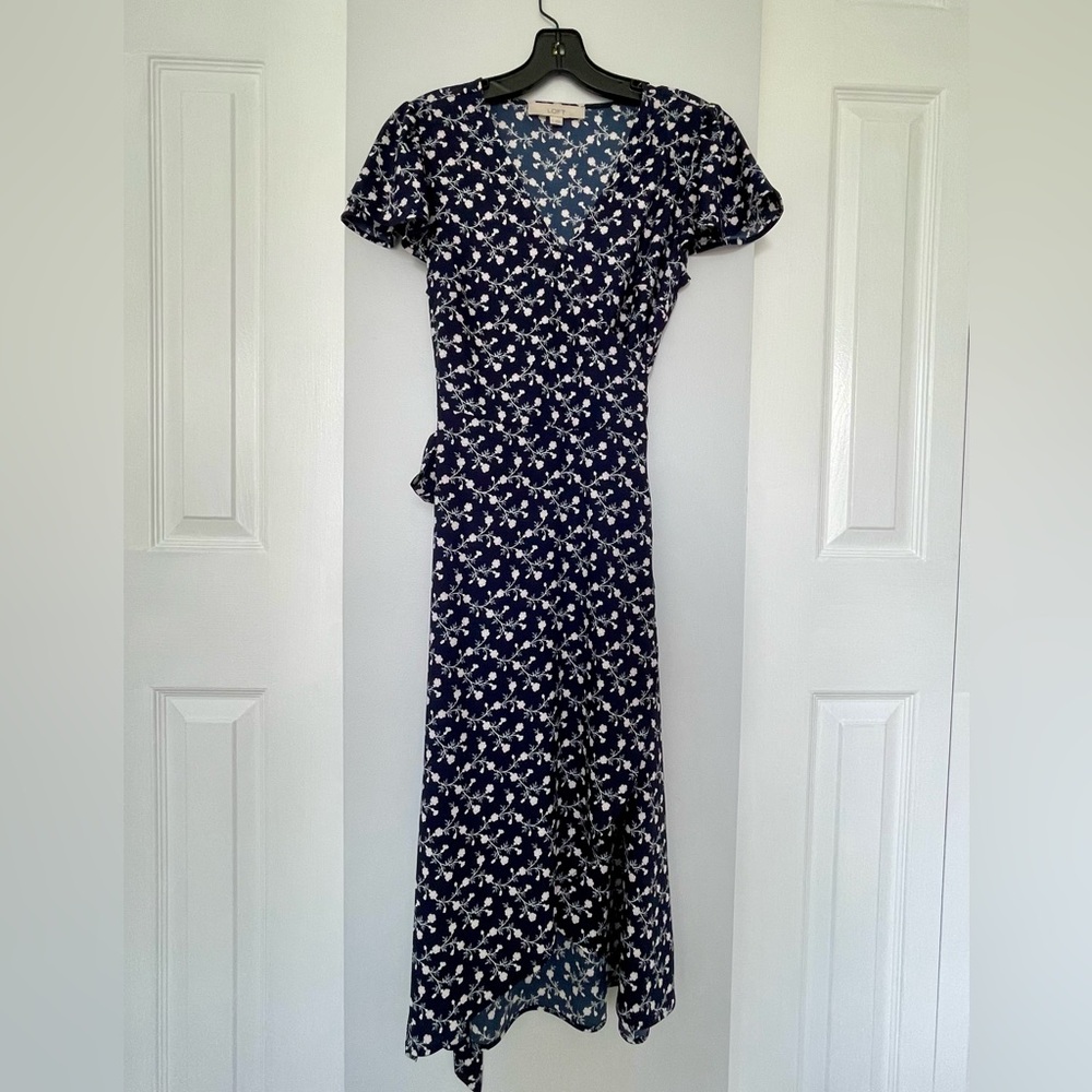 LOFT Navy Dress with Pink and White Floral Design